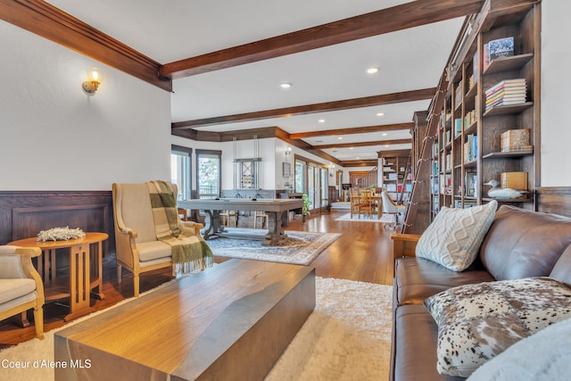 4618 S Scenic Dr, Coeur Dalene, ID 83814 - living room featuring beamed ceiling, recessed lighting, and wood finished floors