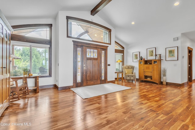 4618 S Scenic Dr, Coeur Dalene, ID 83814 - foyer entrance featuring light wood finished floors, beam ceiling, baseboards, high vaulted ceiling, and recessed lighting