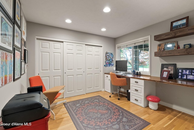 5030 E Frazier Dr, Post Falls, ID 83854 - office with built in study area, recessed lighting, light wood-style floors, and baseboards