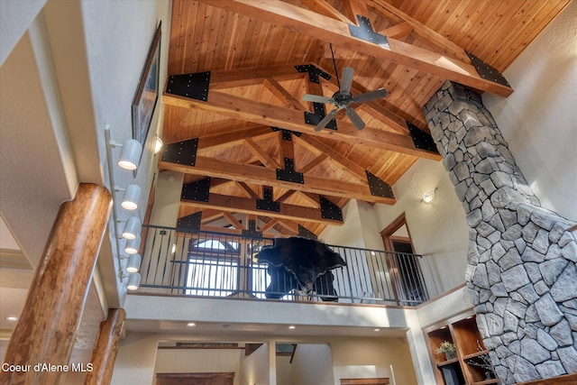 225 Fairway Dr, Priest Lake, ID 83856 - detailed view of wood ceiling with exposed beams and ceiling fan