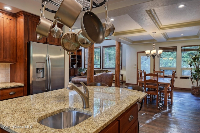 225 Fairway Dr, Priest Lake, ID 83856 - kitchen with stainless steel fridge, a sink, baseboards, pendant lighting, and coffered ceiling
