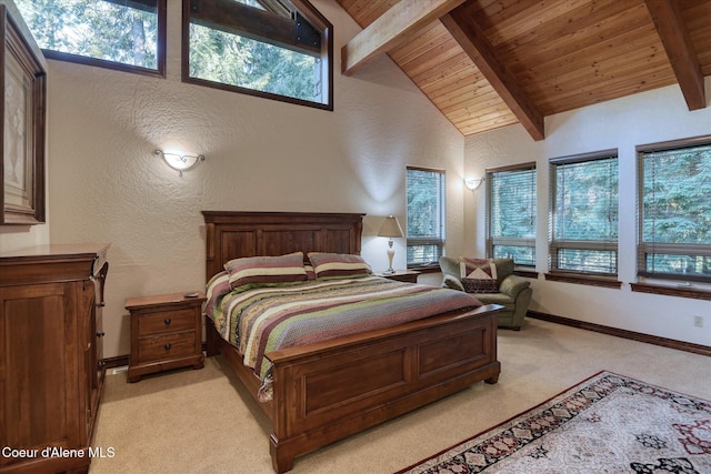 225 Fairway Dr, Priest Lake, ID 83856 - bedroom featuring light carpet, multiple windows, wooden ceiling with exposed beams, baseboards, and high vaulted ceiling