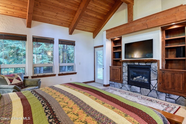 225 Fairway Dr, Priest Lake, ID 83856 - bedroom featuring a fireplace, carpet, wooden ceiling with exposed beams, baseboards, and high vaulted ceiling