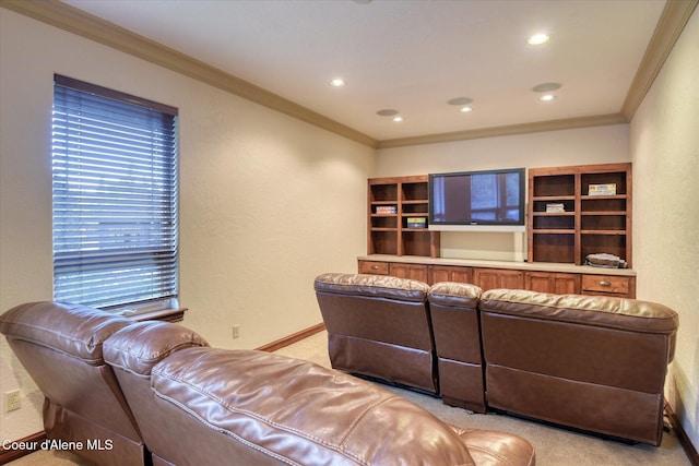 225 Fairway Dr, Priest Lake, ID 83856 - living area featuring crown molding, light carpet, a textured wall, baseboards, and recessed lighting