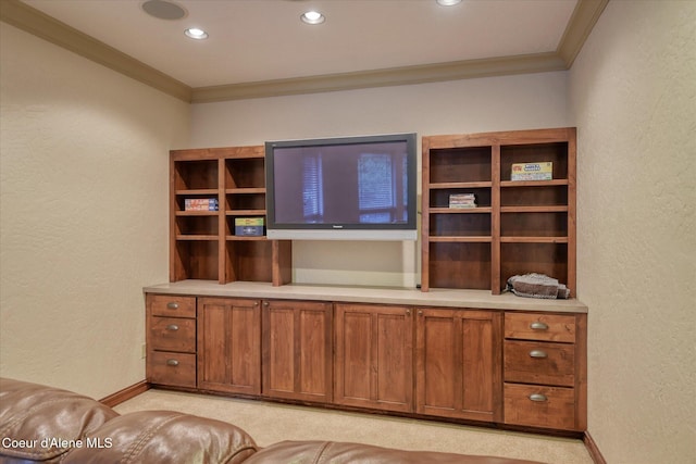 225 Fairway Dr, Priest Lake, ID 83856 - office area with ornamental molding, a textured wall, baseboards, light carpet, and recessed lighting