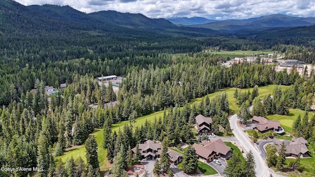 225 Fairway Dr, Priest Lake, ID 83856 - aerial view of property and surrounding area featuring a forest and a mountain backdrop