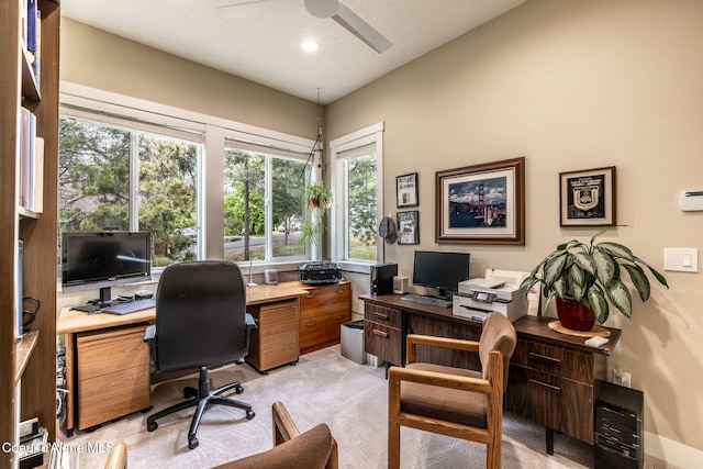 396 Hanaford Rd, Blanchard, ID 83804 - office area with a ceiling fan, light colored carpet, and recessed lighting