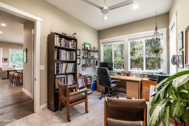 396 Hanaford Rd, Blanchard, ID 83804 - home office featuring ceiling fan, recessed lighting, baseboards, and light wood-type flooring