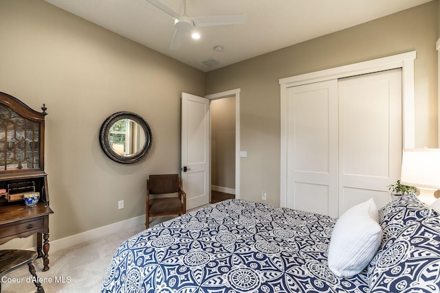 396 Hanaford Rd, Blanchard, ID 83804 - bedroom featuring carpet flooring, a closet, a ceiling fan, and baseboards