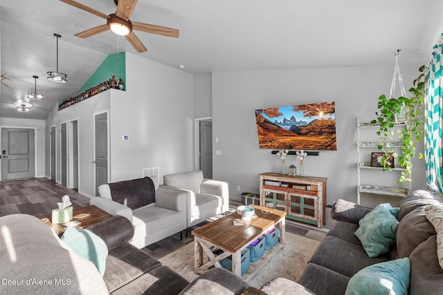 3283 N Knob Creek Ct, Post Falls, ID 83854 - living area featuring ceiling fan, wood finished floors, baseboards, and high vaulted ceiling