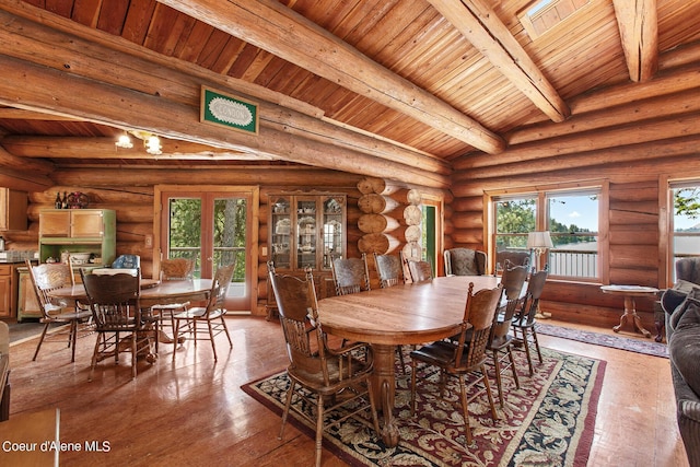 8457 N Powell Way, Hayden, ID 83835 - dining area with wood ceiling with exposed beams, hardwood / wood-style flooring, and plenty of natural light