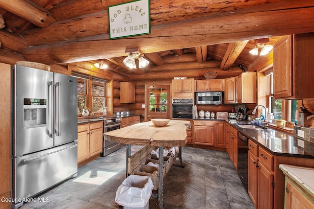 8457 N Powell Way, Hayden, ID 83835 - kitchen with black appliances, a sink, healthy amount of natural light, rustic walls, and wooden ceiling