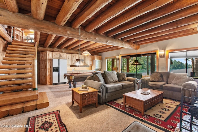 8457 N Powell Way, Hayden, ID 83835 - living room featuring healthy amount of natural light, light colored carpet, billiards table, wood ceiling with exposed beams, and stairway