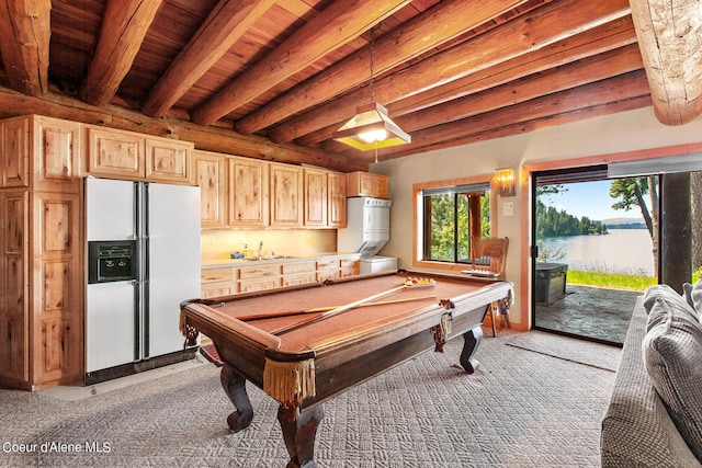 8457 N Powell Way, Hayden, ID 83835 - rec room with wood ceiling with exposed beams, a sink, light carpet, pool table, and a water view