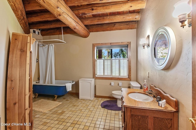 8457 N Powell Way, Hayden, ID 83835 - bathroom featuring vanity, toilet, shower / bath combo, and wood ceiling with exposed beams
