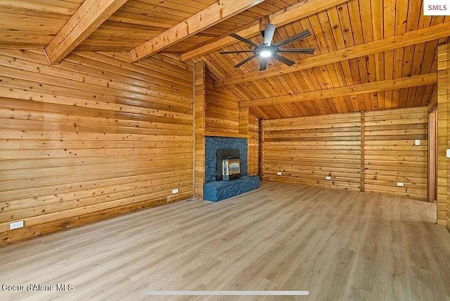31961 N 3rd Ave, Spirit Lake, ID 83869 - unfurnished living room with wood finished floors, wooden walls, a ceiling fan, and wood ceiling