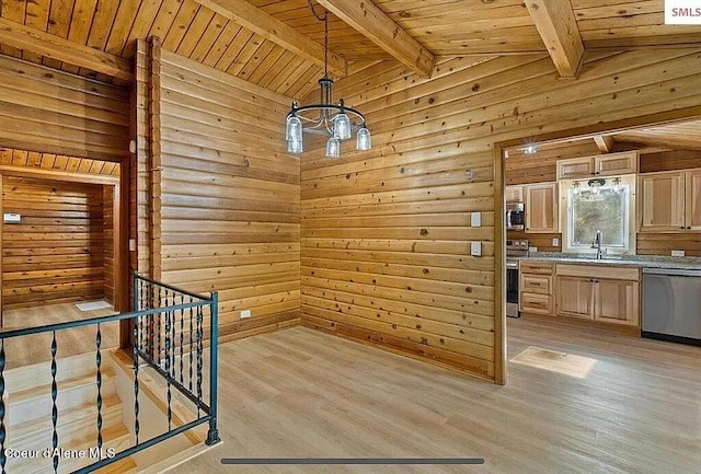 31961 N 3rd Ave, Spirit Lake, ID 83869 - interior space featuring an upstairs landing, a sink, wood ceiling, light wood finished floors, and wooden walls