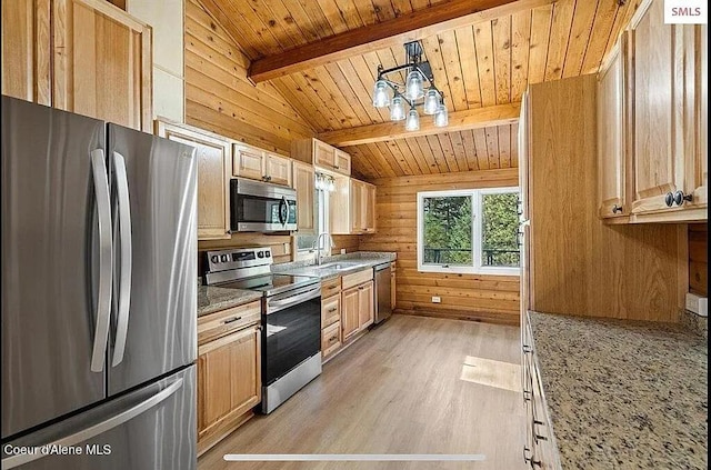 31961 N 3rd Ave, Spirit Lake, ID 83869 - kitchen with stainless steel appliances, wood ceiling, light wood-style flooring, a sink, and wood walls