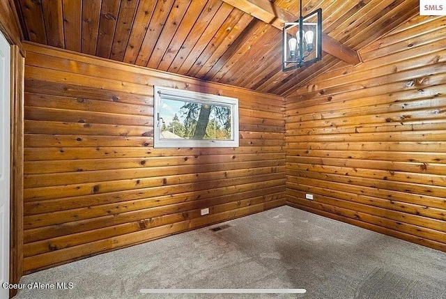 31961 N 3rd Ave, Spirit Lake, ID 83869 - unfurnished room with carpet floors, wooden ceiling, vaulted ceiling, and wooden walls