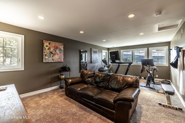 4878 E Annapolis Ct, Coeur Dalene, ID 83814 - living room with carpet flooring, recessed lighting, baseboards, and attic access