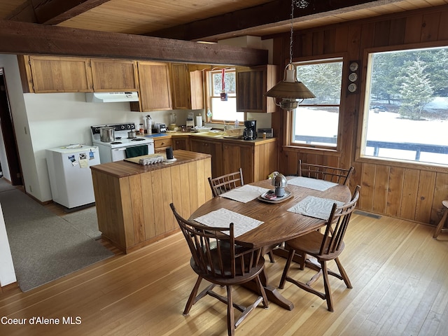 366 Yukon Rd, Bonners Ferry, ID 83805 - kitchen featuring white electric range, under cabinet range hood, beam ceiling, refrigerator, and light wood finished floors