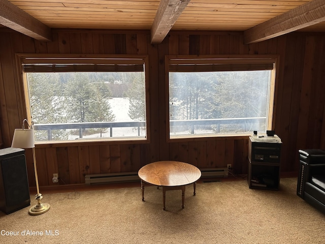 366 Yukon Rd, Bonners Ferry, ID 83805 - sitting room with wooden ceiling with exposed beams, baseboard heating, healthy amount of natural light, wood walls, and light carpet