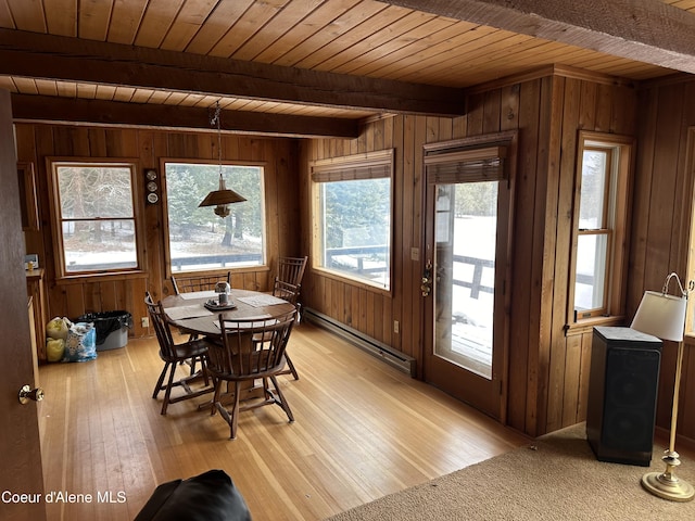 366 Yukon Rd, Bonners Ferry, ID 83805 - dining area with baseboard heating, wooden ceiling with exposed beams, wood walls, and light wood-style floors