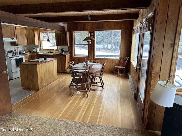 366 Yukon Rd, Bonners Ferry, ID 83805 - kitchen featuring white electric stove, under cabinet range hood, wooden walls, light wood-style floors, and a center island