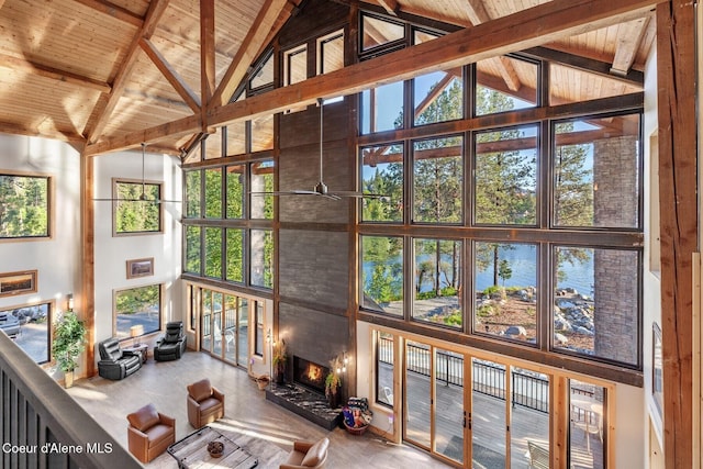 14318 N Waters Edge Ct, Hayden, ID 83835 - living area with high vaulted ceiling, a water view, wood ceiling with exposed beams, a fireplace, and healthy amount of natural light