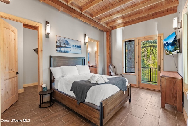 14318 N Waters Edge Ct, Hayden, ID 83835 - bedroom featuring wooden ceiling with exposed beams, access to exterior, and baseboards