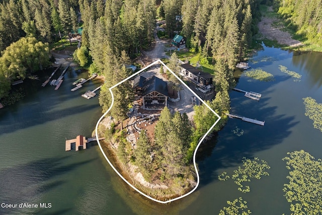 14318 N Waters Edge Ct, Hayden, ID 83835 - aerial view of property's location with a forest, property boundaries highlighted, and a nearby body of water