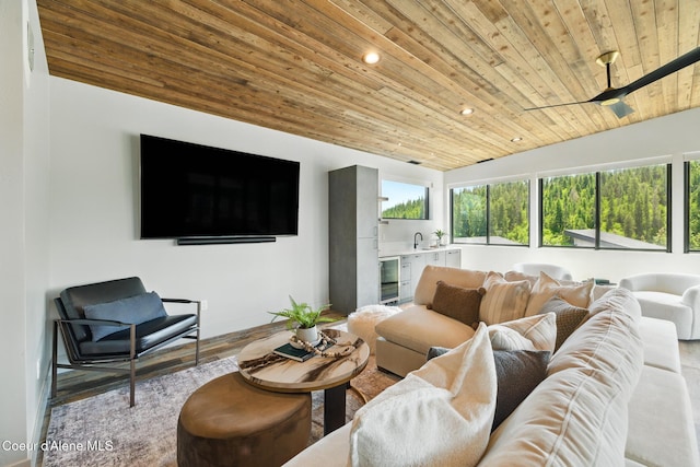 2888 W Lumber Ln, Coeur Dalene, ID 83814 - living room with wood ceiling, vaulted ceiling, wine cooler, recessed lighting, and ceiling fan
