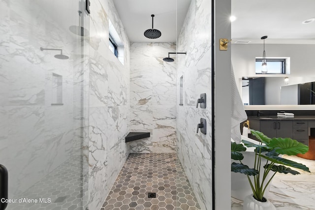 2888 W Lumber Ln, Coeur Dalene, ID 83814 - full bathroom with a marble finish shower, healthy amount of natural light, and vanity
