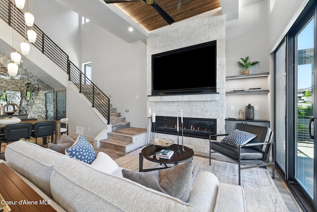 2888 W Lumber Ln, Coeur Dalene, ID 83814 - living room with a fireplace, wooden ceiling, wood finished floors, plenty of natural light, and a high ceiling