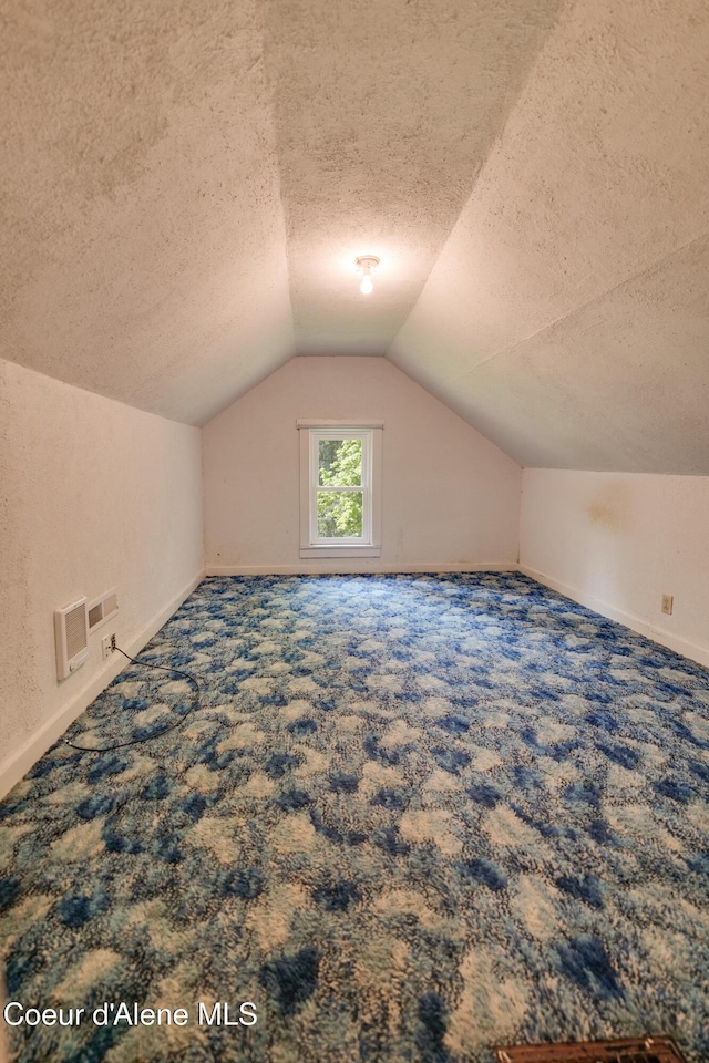 59A Creek Side Dr, Wallace, ID 83873 - additional living space featuring a textured ceiling, carpet, lofted ceiling, and baseboards