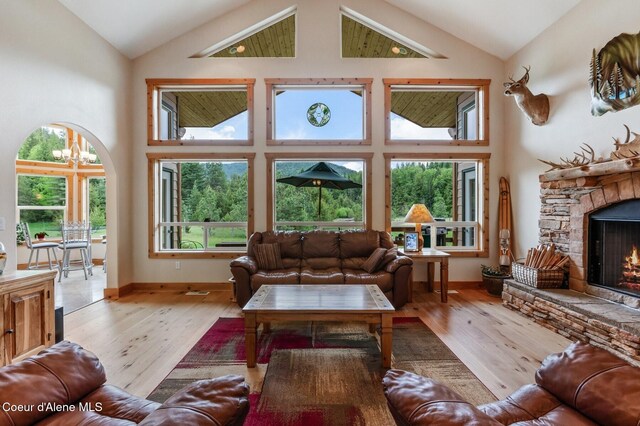 88 Fenway Dr, Sagle, ID 83860 - living area with a fireplace, high vaulted ceiling, wood finished floors, and baseboards