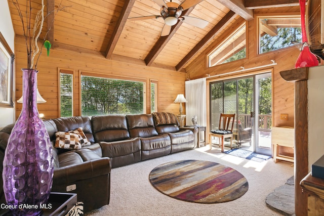 471 Kaniksu Shores Rd, Sandpoint, ID 83864 - living room featuring wood walls, plenty of natural light, carpet floors, wood ceiling with exposed beams, and a ceiling fan