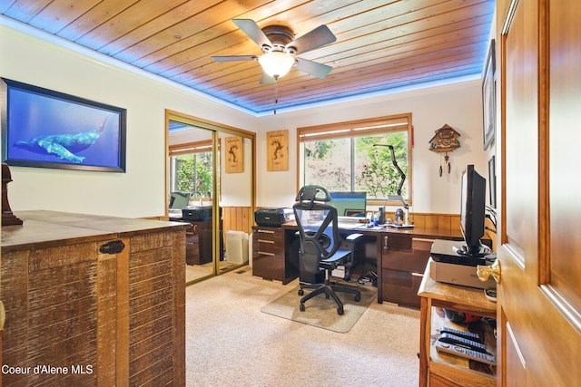 471 Kaniksu Shores Rd, Sandpoint, ID 83864 - home office featuring a wainscoted wall, wood ceiling, light colored carpet, a ceiling fan, and wood walls
