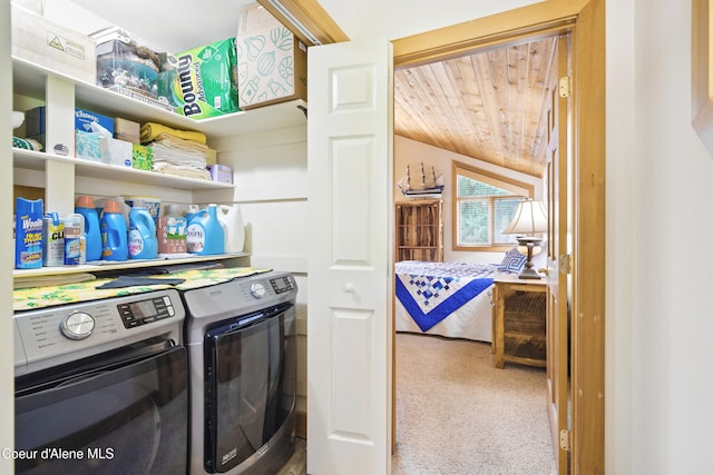 471 Kaniksu Shores Rd, Sandpoint, ID 83864 - laundry area with washing machine and clothes dryer, carpet flooring, and wood ceiling