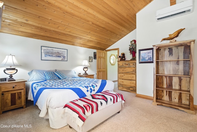 471 Kaniksu Shores Rd, Sandpoint, ID 83864 - bedroom with an AC wall unit, lofted ceiling, carpet, wooden ceiling, and baseboards