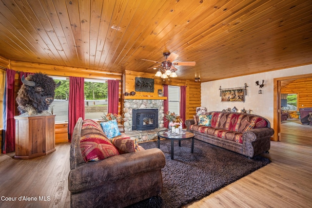 6918 E Garwood Rd, Hayden, ID 83835 - living room with wood ceiling, hardwood / wood-style flooring, a fireplace, and ceiling fan