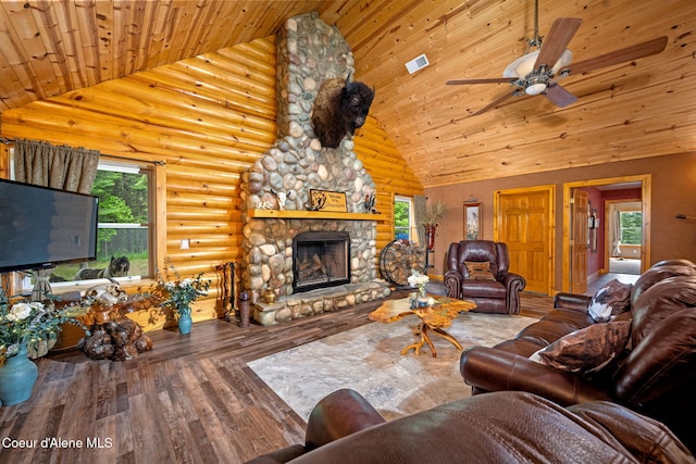 6918 E Garwood Rd, Hayden, ID 83835 - living room featuring wood ceiling, plenty of natural light, high vaulted ceiling, log walls, and wood finished floors