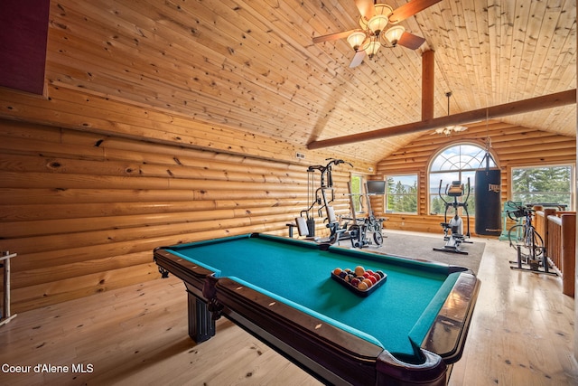 6918 E Garwood Rd, Hayden, ID 83835 - playroom featuring rustic walls, plenty of natural light, billiards table, wood ceiling with exposed beams, and a ceiling fan