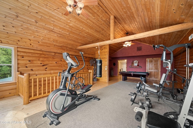 6918 E Garwood Rd, Hayden, ID 83835 - exercise room with ceiling fan, wood finished floors, log walls, wooden ceiling, and billiards