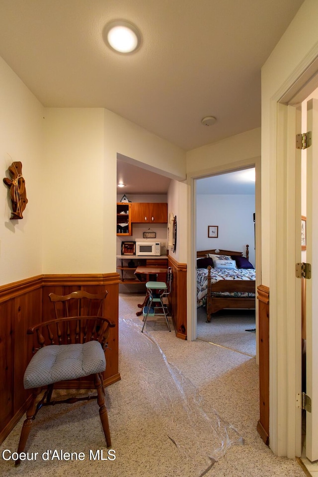 97 S Granite Bay Rd, Nordman, ID 83848 - hallway with carpet flooring and a wainscoted wall