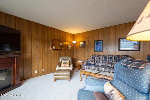 97 S Granite Bay Rd, Nordman, ID 83848 - living area featuring carpet, a glass covered fireplace, and wooden walls