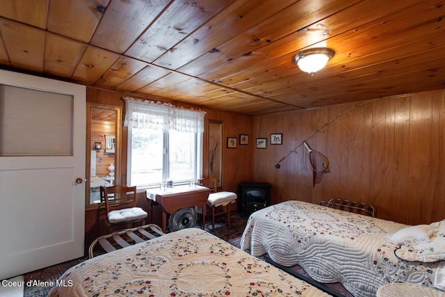 97 S Granite Bay Rd, Nordman, ID 83848 - bedroom featuring wooden ceiling, wood walls, and a wood stove