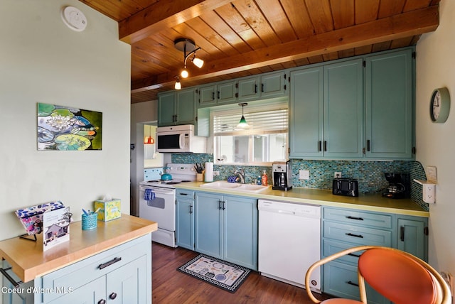 521 Aspen, Hope, ID 83836 - kitchen with white appliances, a sink, wood ceiling with exposed beams, backsplash, and dark wood-type flooring