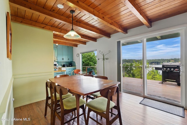 521 Aspen, Hope, ID 83836 - dining space featuring light wood-style flooring, wood ceiling with exposed beams, and baseboards