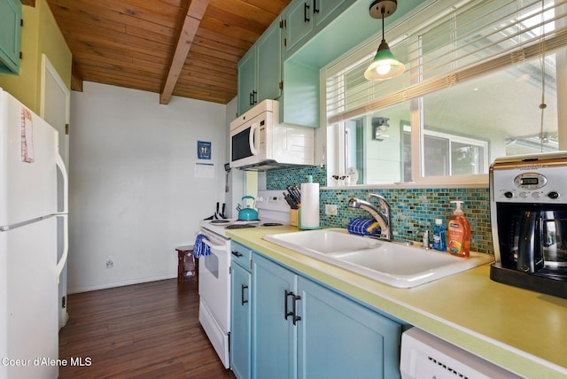 521 Aspen, Hope, ID 83836 - kitchen featuring white appliances, wooden ceiling with exposed beams, a sink, backsplash, and dark wood-type flooring